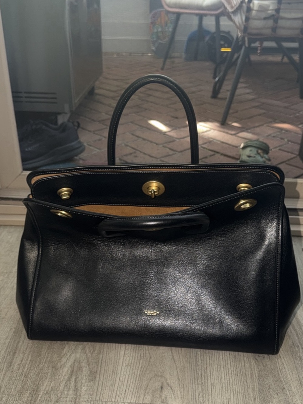 Coach Black Leather Top-Handle Satchel with Gold Hardware